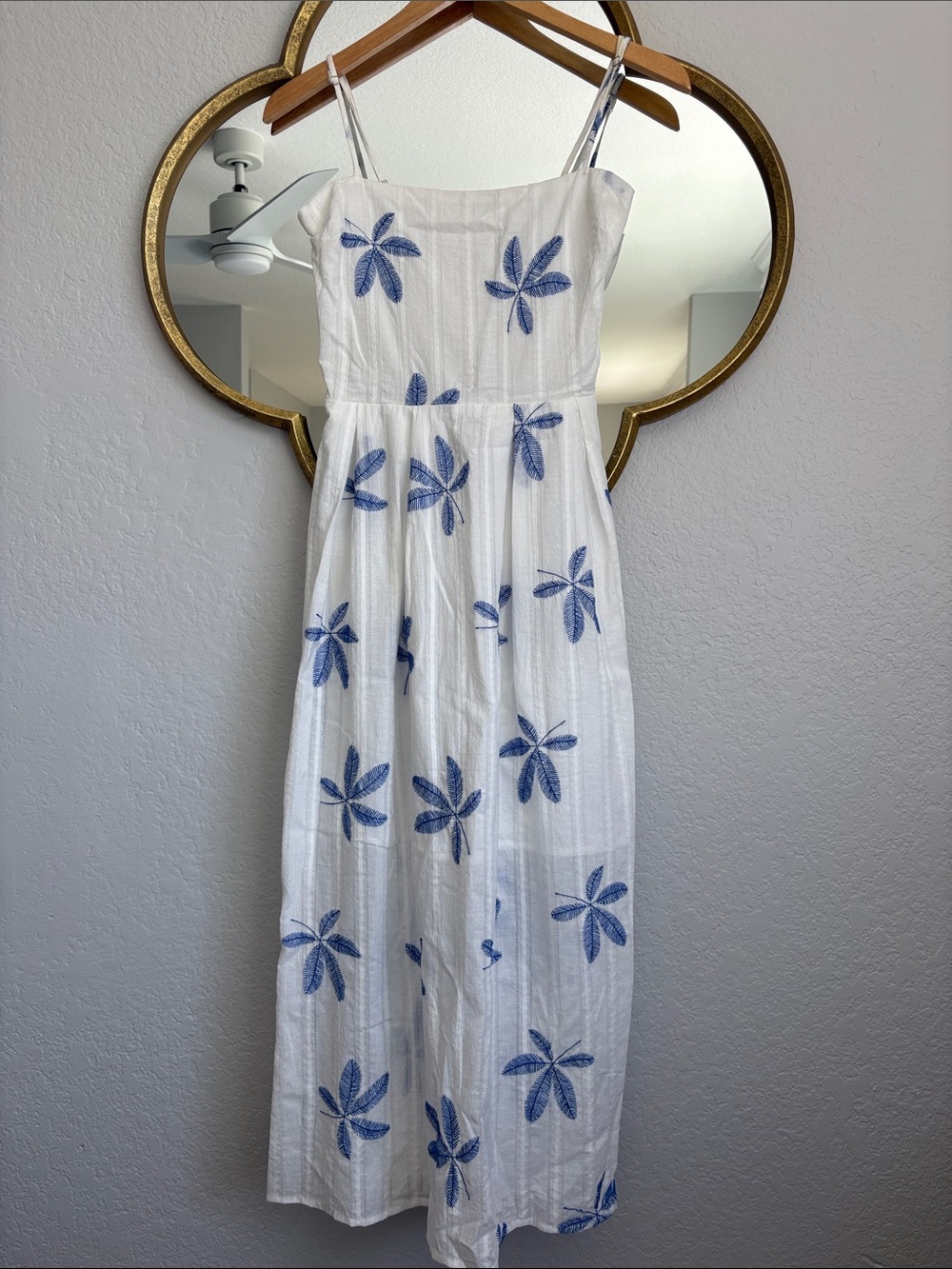 NWOT White Sundress with Blue Floral Embroidery